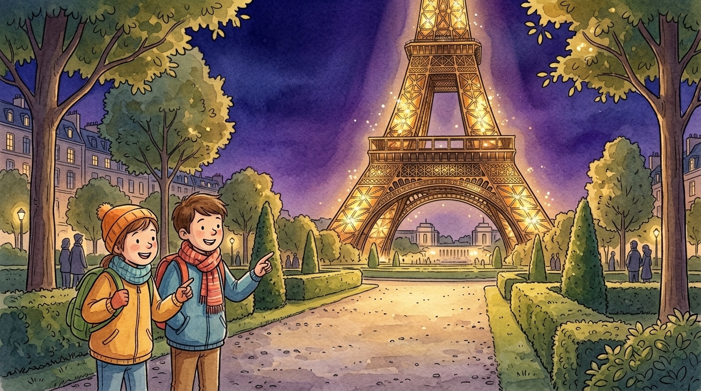 Deux enfants admirent la tour Eiffel illuminée la nuit, depuis un parc à Paris